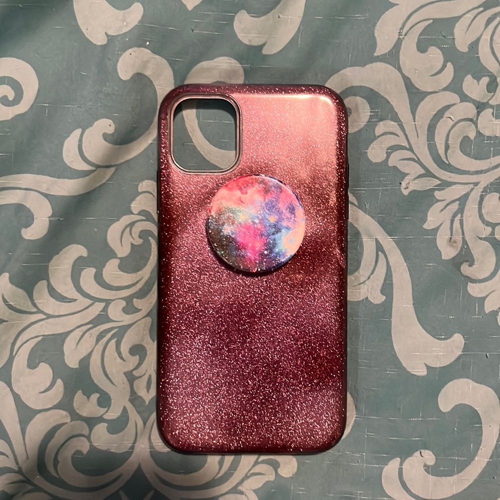 🌈4/$10🌈 iPhone 11 Silicone Purple Glitter Case with Galaxy Popsocket Attached